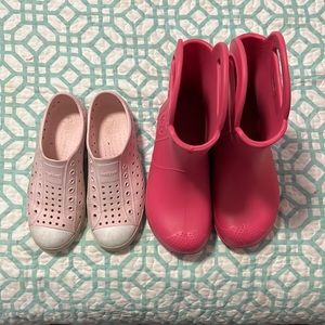 Native light pink in decent shape. Pink croc rain boots great shape